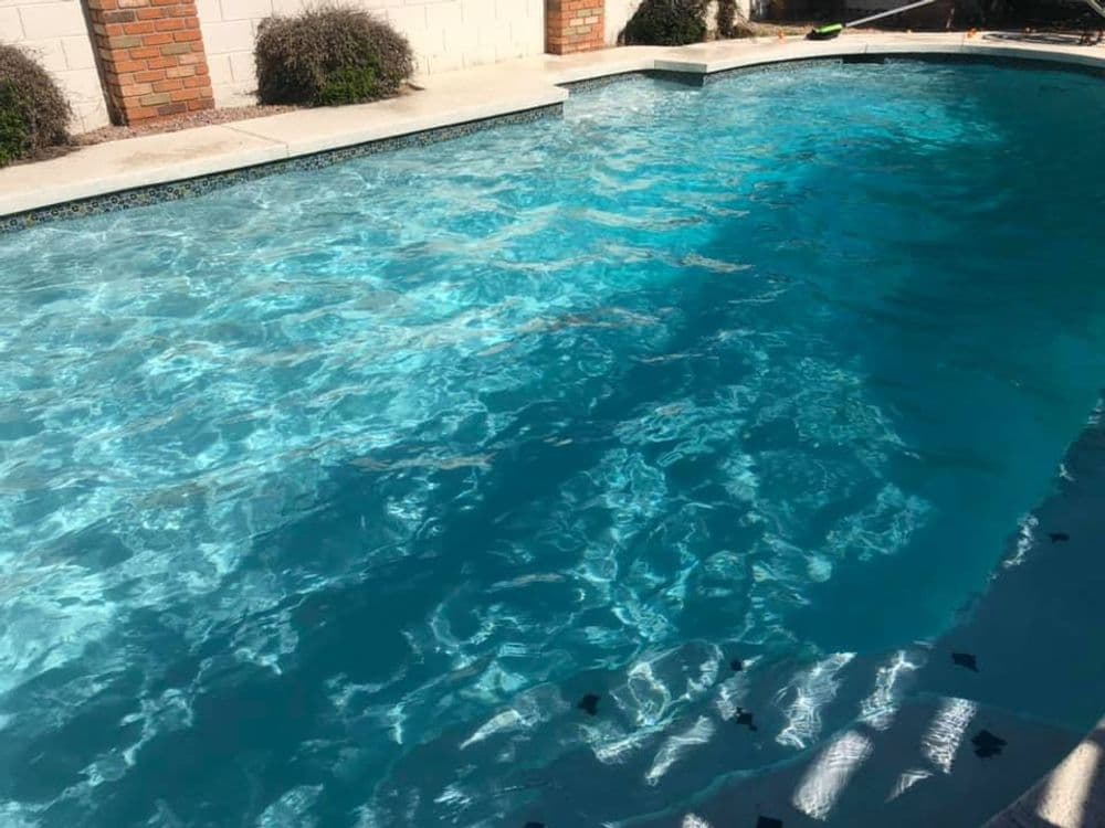 Sparkling clear swimming pool water reflecting sunlight in a serene backyard setting.