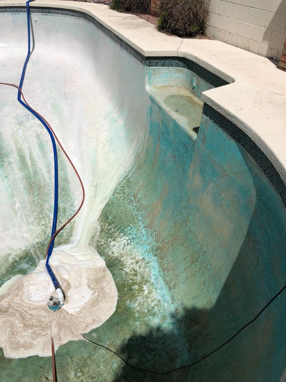 Empty swimming pool with green water stains and cleaning equipment visible.